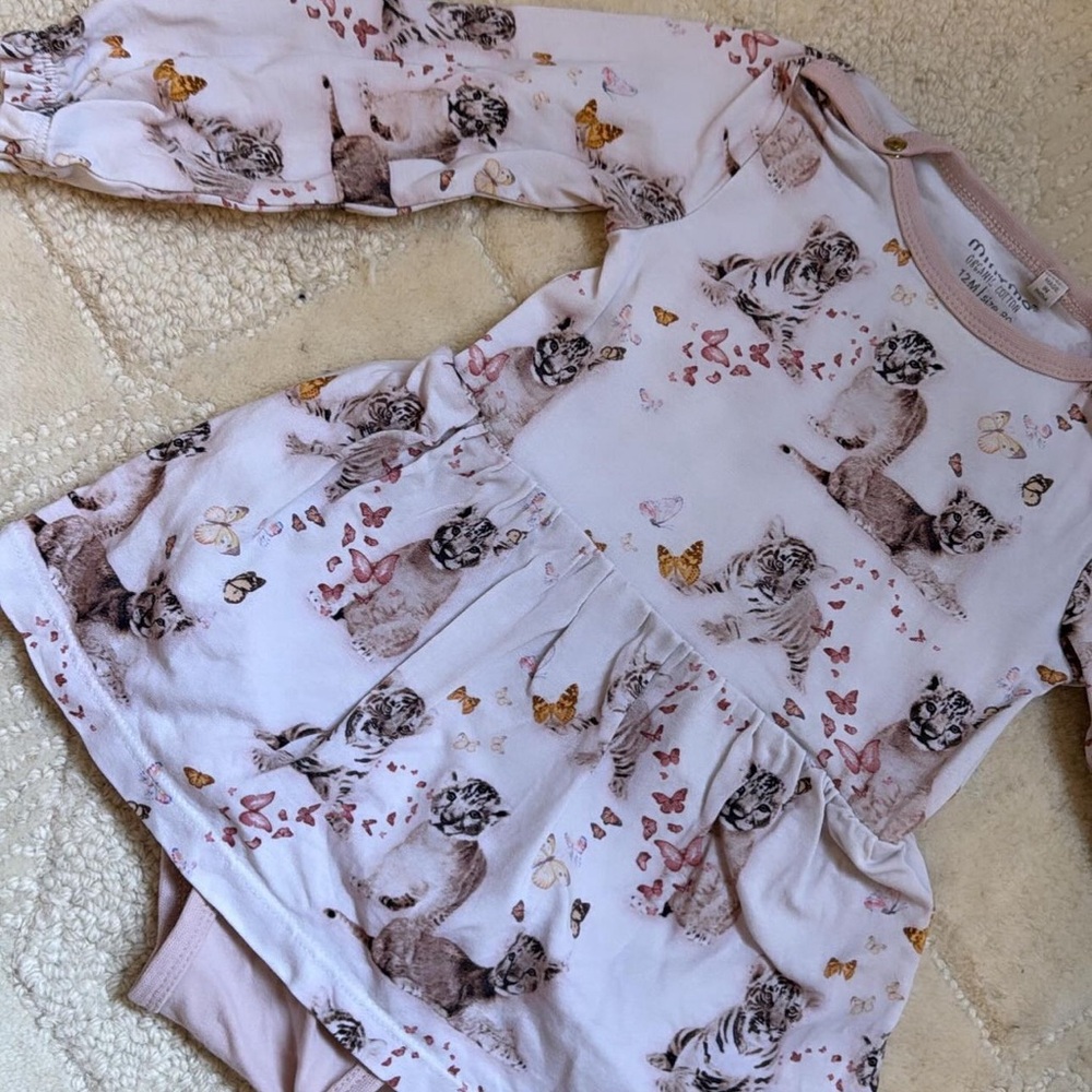 Lion pink & white cute girl romper dress onesie baby 12 m minymo organic cotton